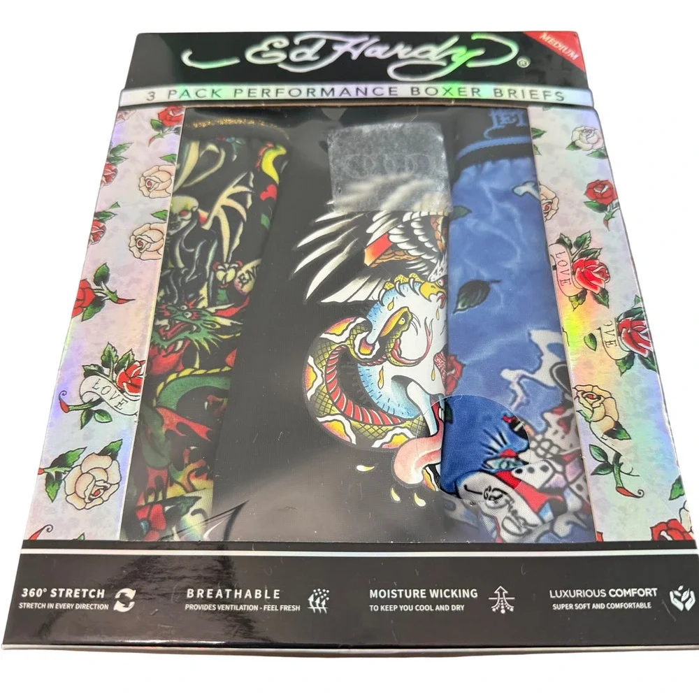 Ed Hardy Mens 3 Pack Performance Boxer Briefs Medium Tattoo Skull Rose Eagle NEW